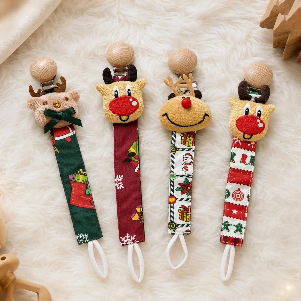 2pcs Christmas Plush Reindeer Pacifier Chain Clips Room Deco, Holiday Decorations, Soother Holder Strap, Wooden Dummy Clips