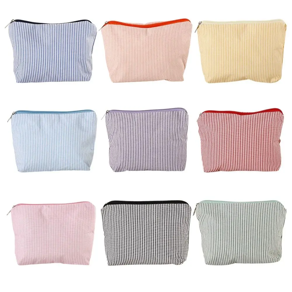Durable Striped Print Makeup Bag Large Capacity Zipper Design Toiletry Bag Portable Storage Bag Home & Travel