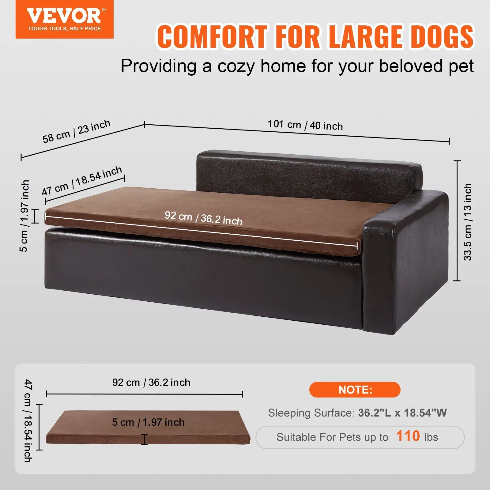 Pet Sofa, Dog Couch for Large-Sized Dogs and Cats, Soft Leather Dog Sofa Bed, 110 lbs Loading Cat Sofa, Black