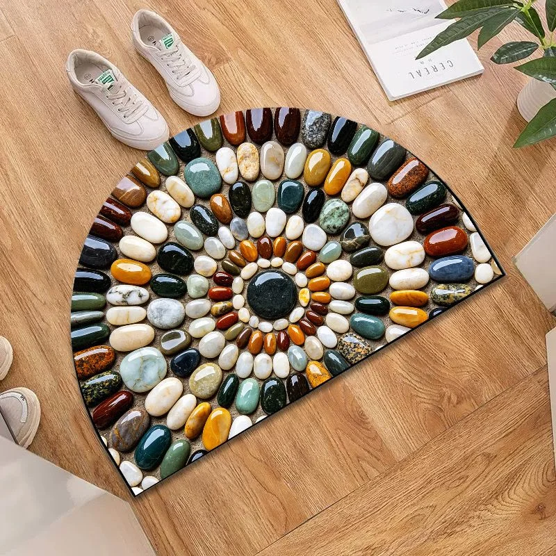 VIKAMA Rainbow Pebble Half Round Bath Mat, Non‑Slip Water Absorbent Natural Stone Bathroom Floor Rug