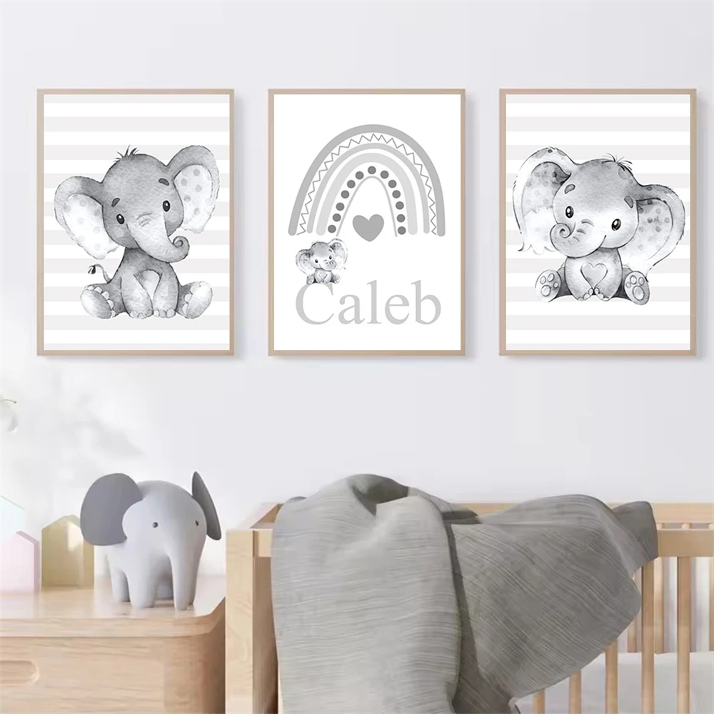 Cartoon Cute Elephant Canvas Art Print Rainbow Custom Name Painting Nursery Poster Nordic Wall Art Picture Baby Kids Room Decor