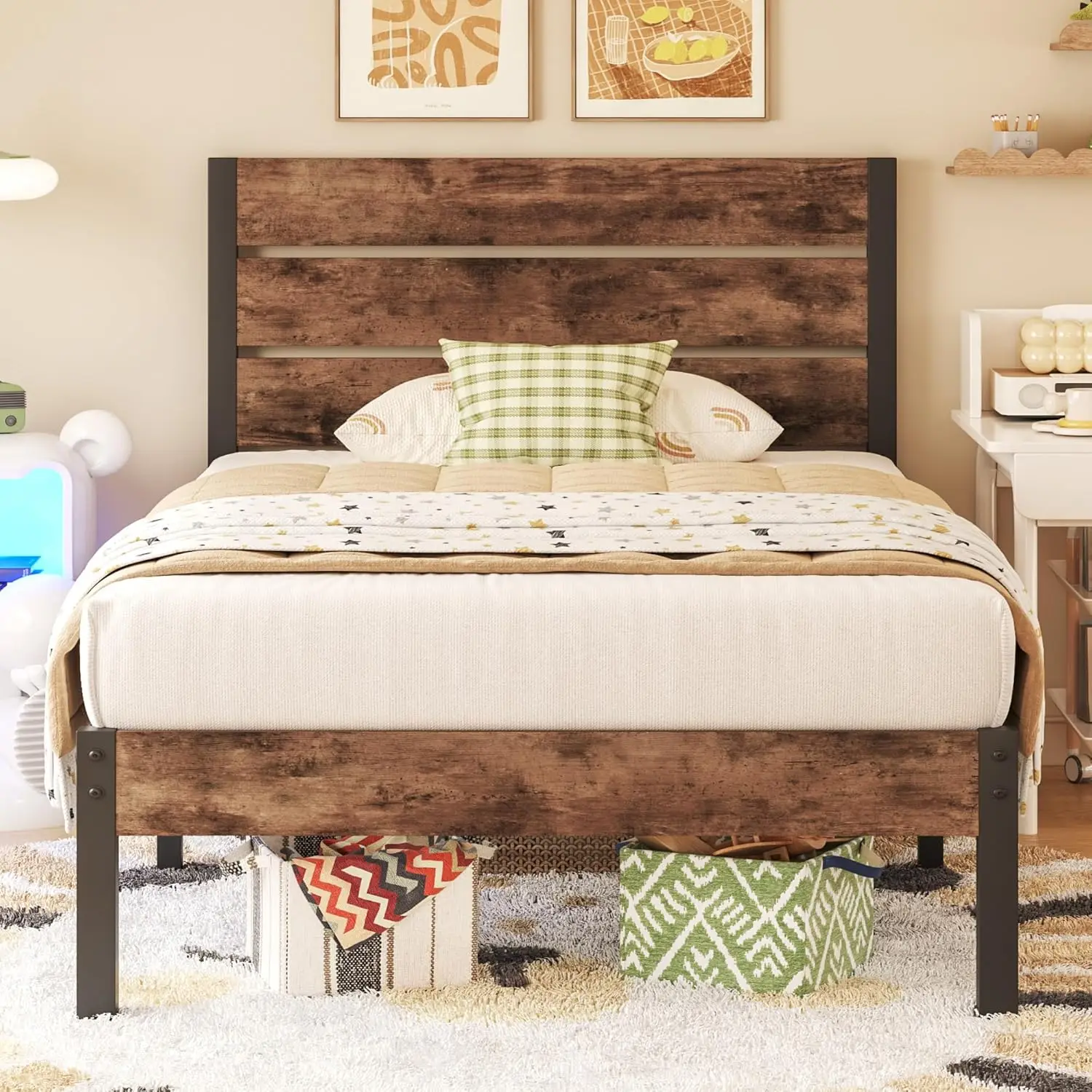 

Twin Bed Frame with Headboard and Footboard, Metal Twin Bed Frame with Under Bed Storage, All-Metal Support System,No Box Spring