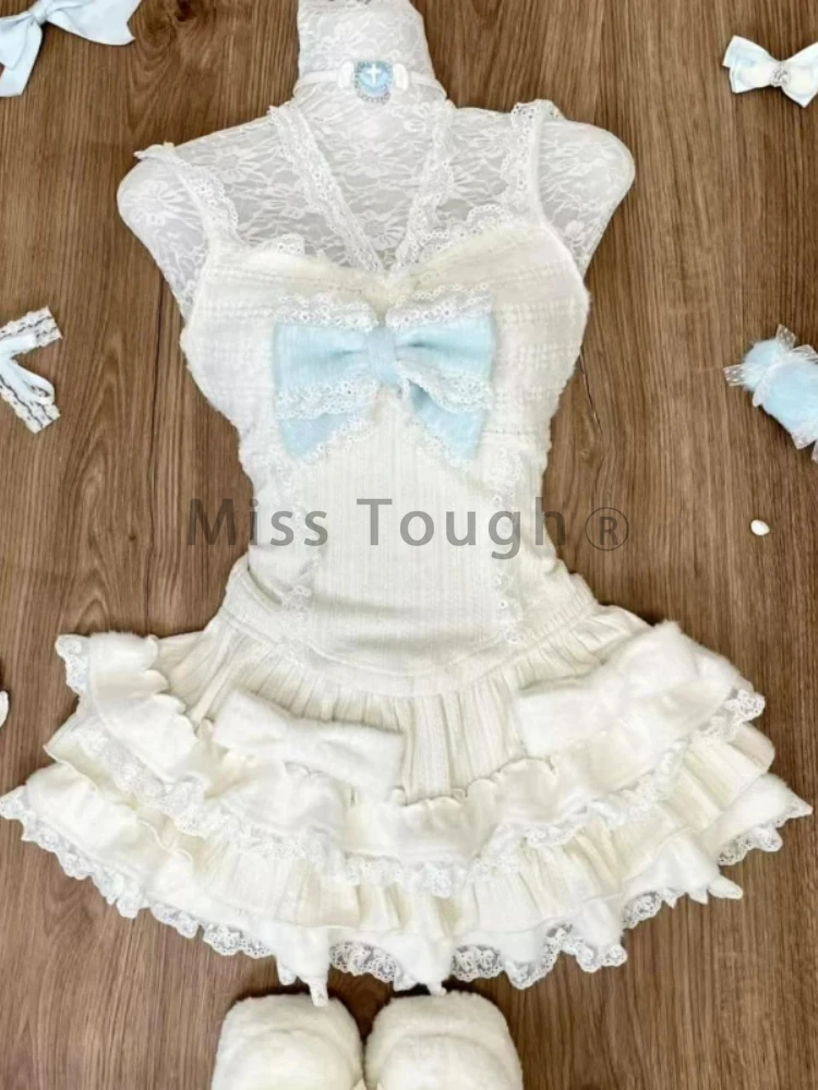 Japanese Sweet Lolita 3 Piece Set Women Lace Bow Cardigan+ Chic Slim Vest + Ruched Cale Skirts New Fashion Kawaii Harajuku Suits