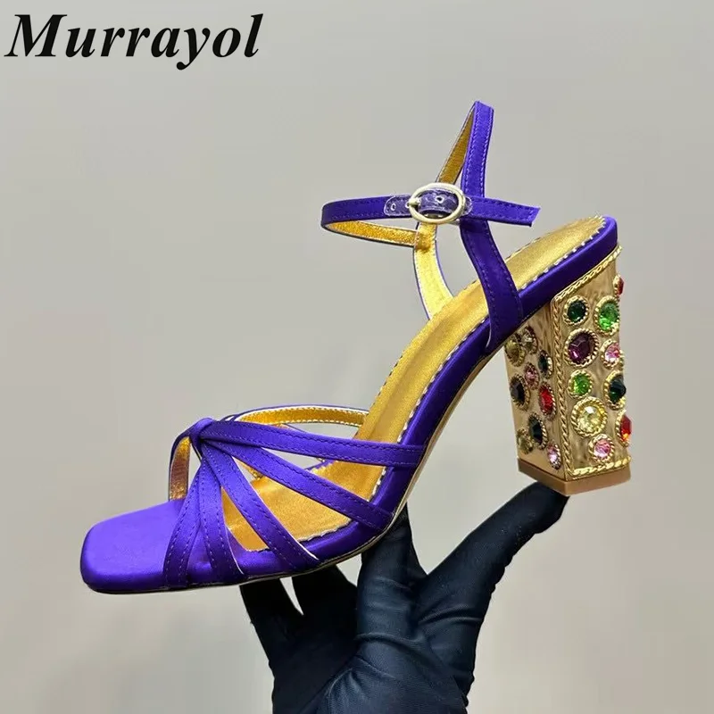 Colorful Rhinestone Decor Thick Heel Sandals Women Narrow Band Design Back Buckle Strap Sandalias Summer Party Dress Shoes Pumps