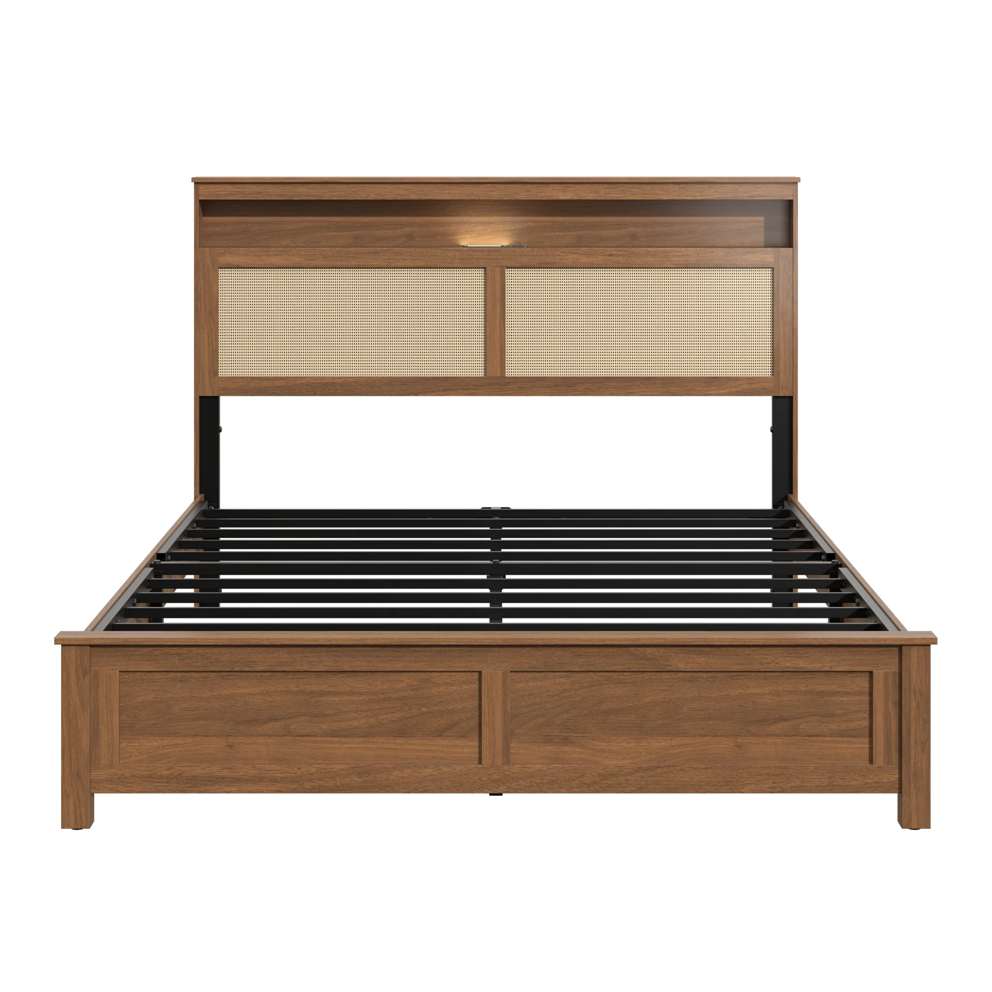 Queen Size Platform Bed Frame with Rattan Headboard and LED Reading Light, Modern Farmhouse Wood Bed with Storage Shelf, No Box Spring Needed