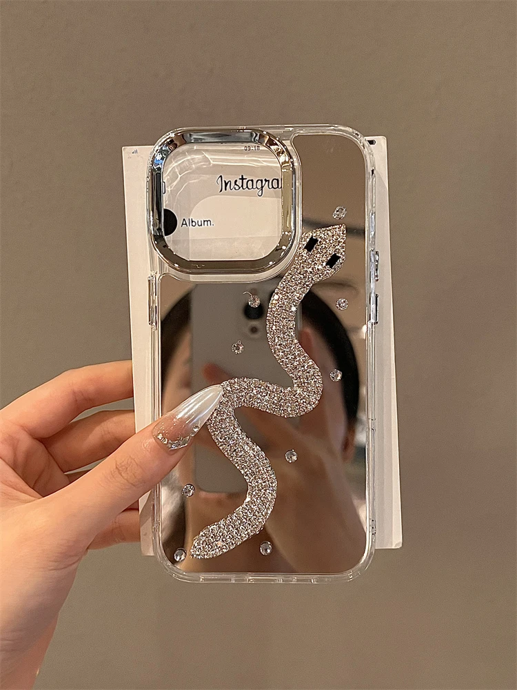 Luxury Glitter Diamond Mirror Phone Case For iPhone 16 14 13 12 11 15 Plus + Rhinestone Snake High Quality For iPhone16Pro Cover
