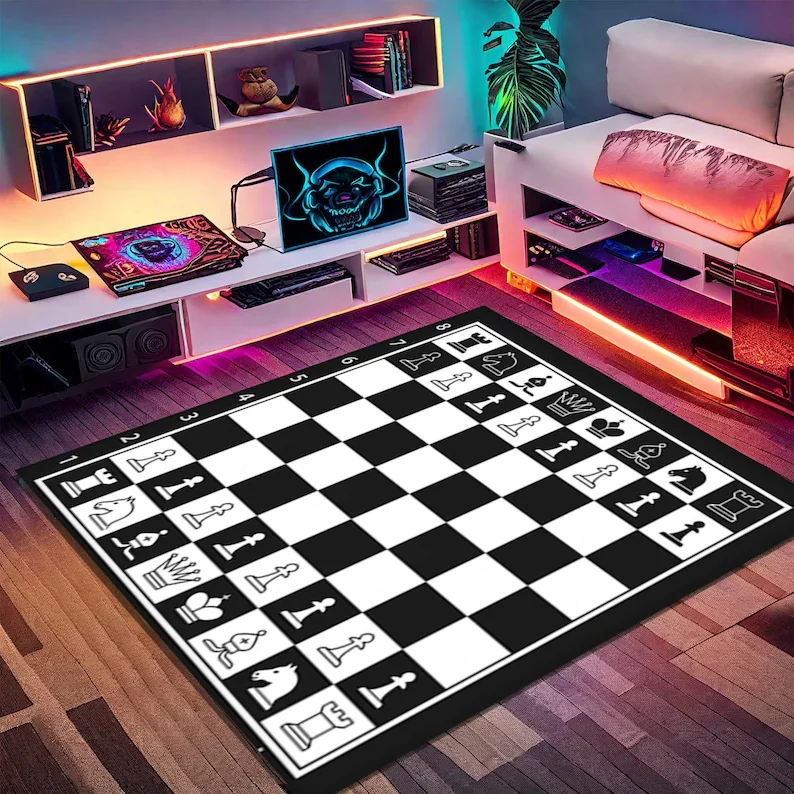 Baroque Chess Rug Black Marble Checkerboard Carpet with Living Room Gold Detail for Game Room Decor Carpets