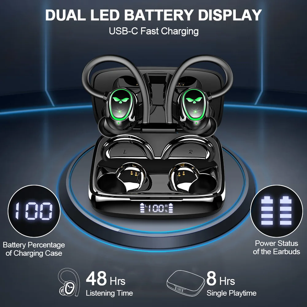 سماعات أذن لاسلكية، سماعات بلوتوث 5.3 مع ميكروفون مزدوج، سماعات رأس رياضية لاسلكية بشاشة LED وقت تشغيل 48 ساعة.