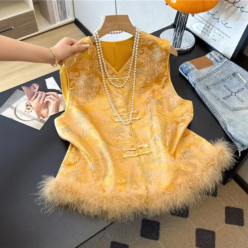 

Новая куртка-жилет в китайском стиле с жаккардовым узором и отделкой из перьев, 2026, новый топ-ципао, безрукавка, кардиган, одежда в стиле Тан, женское повседневное пальто