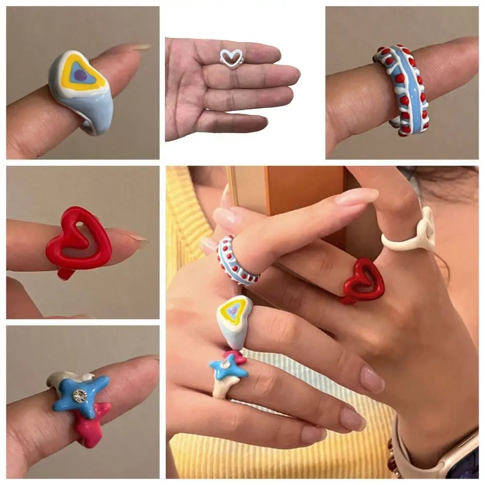 خمر Y2K المينا القلب الدائري مكتنزة مجوهرات سبيكة نازف النفط فنجر مشبك الكورية نمط الأقلية تصميم هندسي حلقة هدية