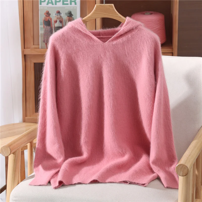 기본 100% 밍크 캐시미어 솔리드 컬러 후드 스웨터 긴 소매 풀오버 여성 편안한 따뜻한 부드러운 패션 의류 탑