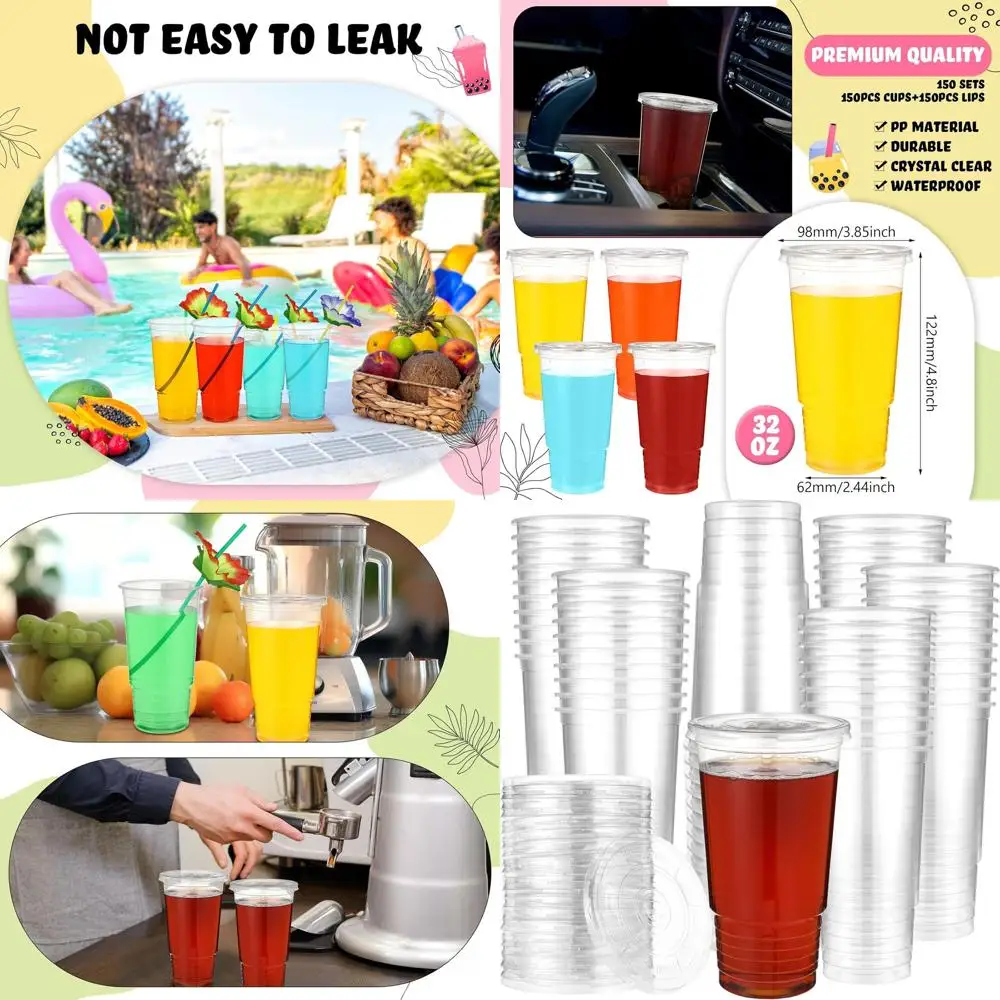 

150 Pack 32 oz Clear Plastic Cups with Lids - Ideal for Desserts, Ice Cream, Beverages