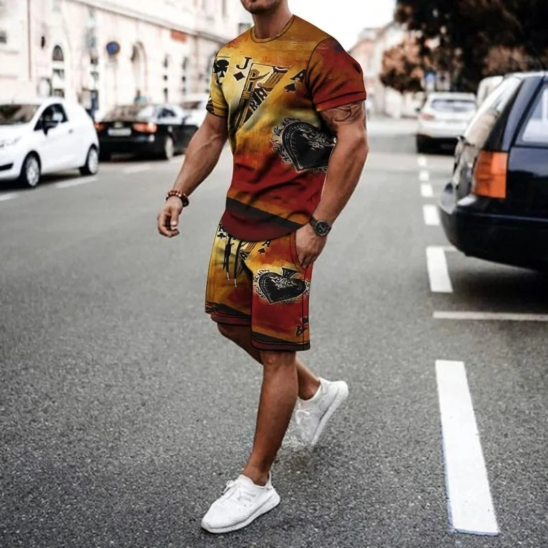 

2025 Summer Fashion Retro 3D Printed Street Wear Men's T-shirt High Quality Shorts Two Piece Set Sportswear Oversized