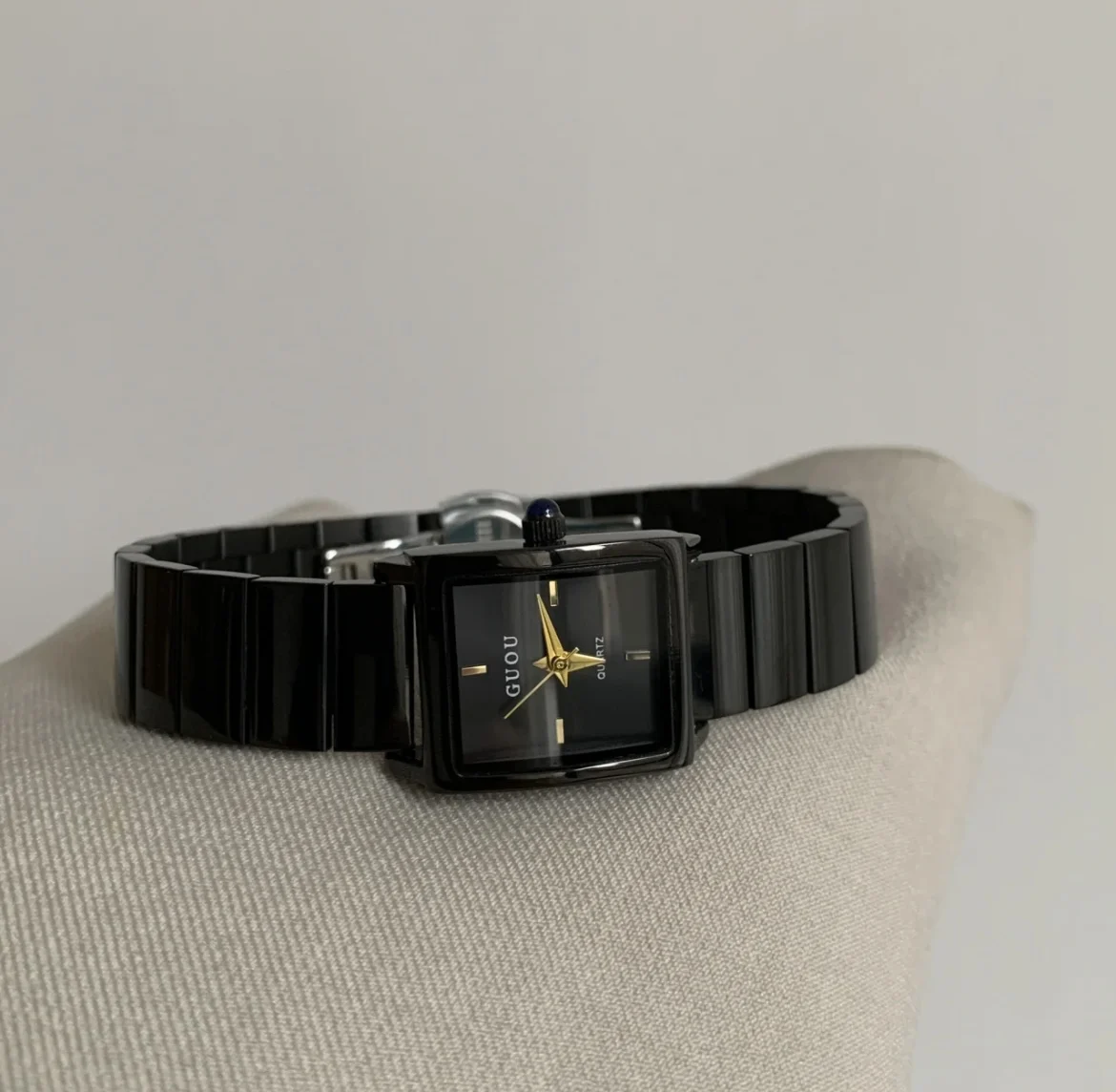 Cool and stylish square black simple and versatile steel band quartz watch. Women's designer watch. Birthday gift for women.