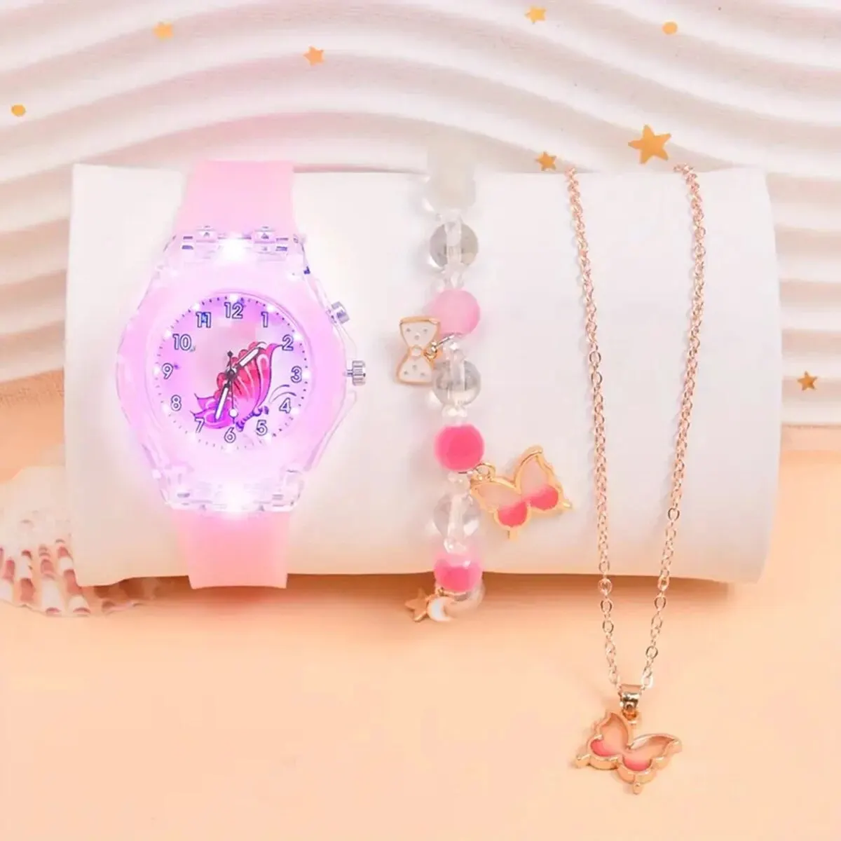 Children\'s Cute Luminous Butterfly Dial Quartz Watch Gradient Butterfly Beaded Set