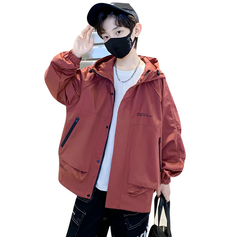 New Autumn Hooded Jacket for Boy Burgundy Hoodies Coat Korean Casual Children Clothing Windbreaker Age 5 6 7 8 9 10 11 12 13 14