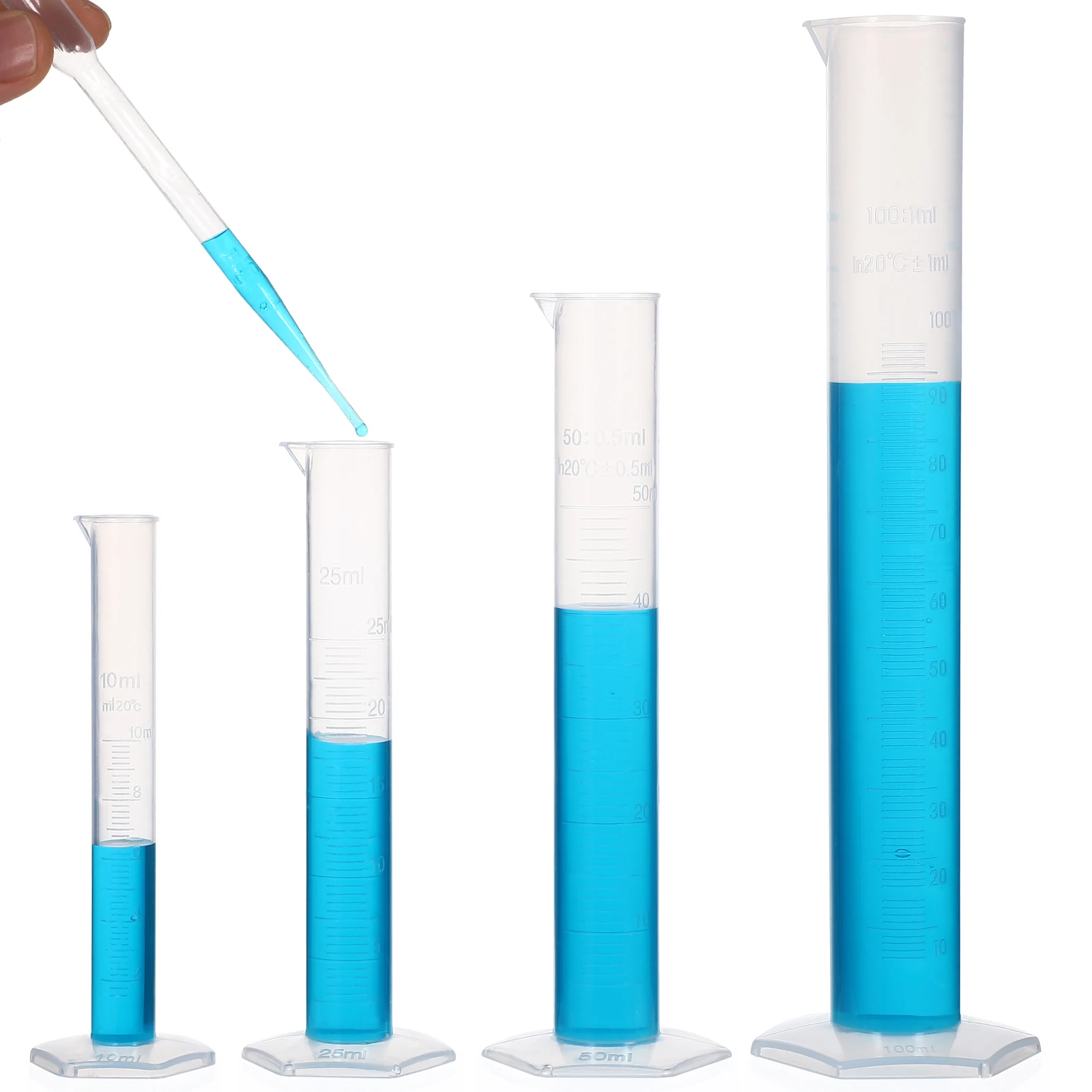

4pcs Plastic Graduated Cylinder Set 10ml 50ml 100ml 30 Droppers Chemical Resistant Clear Scale Stable for Science