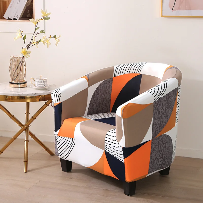 Arc-shaped Stretch Sofa Cover Printed Round Single-seater Seat Cover Non-slip Tub Chair Covers for Home Office Cafe Club Bar 1PC