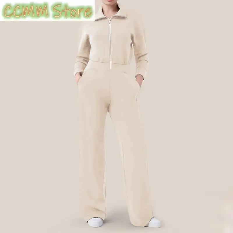 New Autumn Winter Women's Zipper Top Romper Female Solid Color Office Overall Jumpsuit Lady Causal Pocket Straight Pant Playsuit