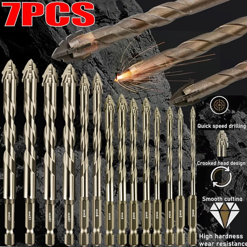 High-Four-edged Serrated Eccentric Drill Bits Set Glass Ceramic Concrete Brick Drilling Tools 6-12mm Metal Drill Bits Tools Set