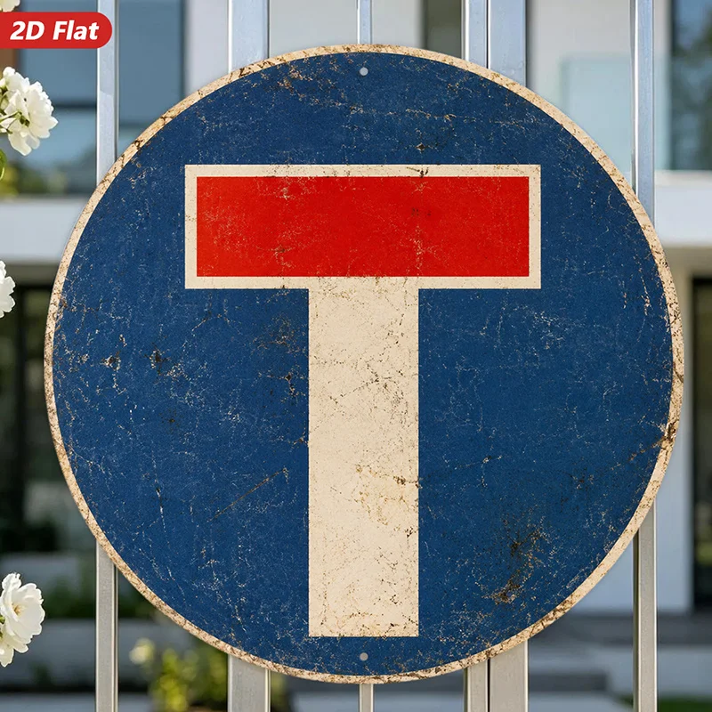 2D Flat, 1pc End Symbol Round Metal Sign Wall Art, White T Shape, Red Top Bar, Blue Circular Sign, Home Decor, Suitable for Offi