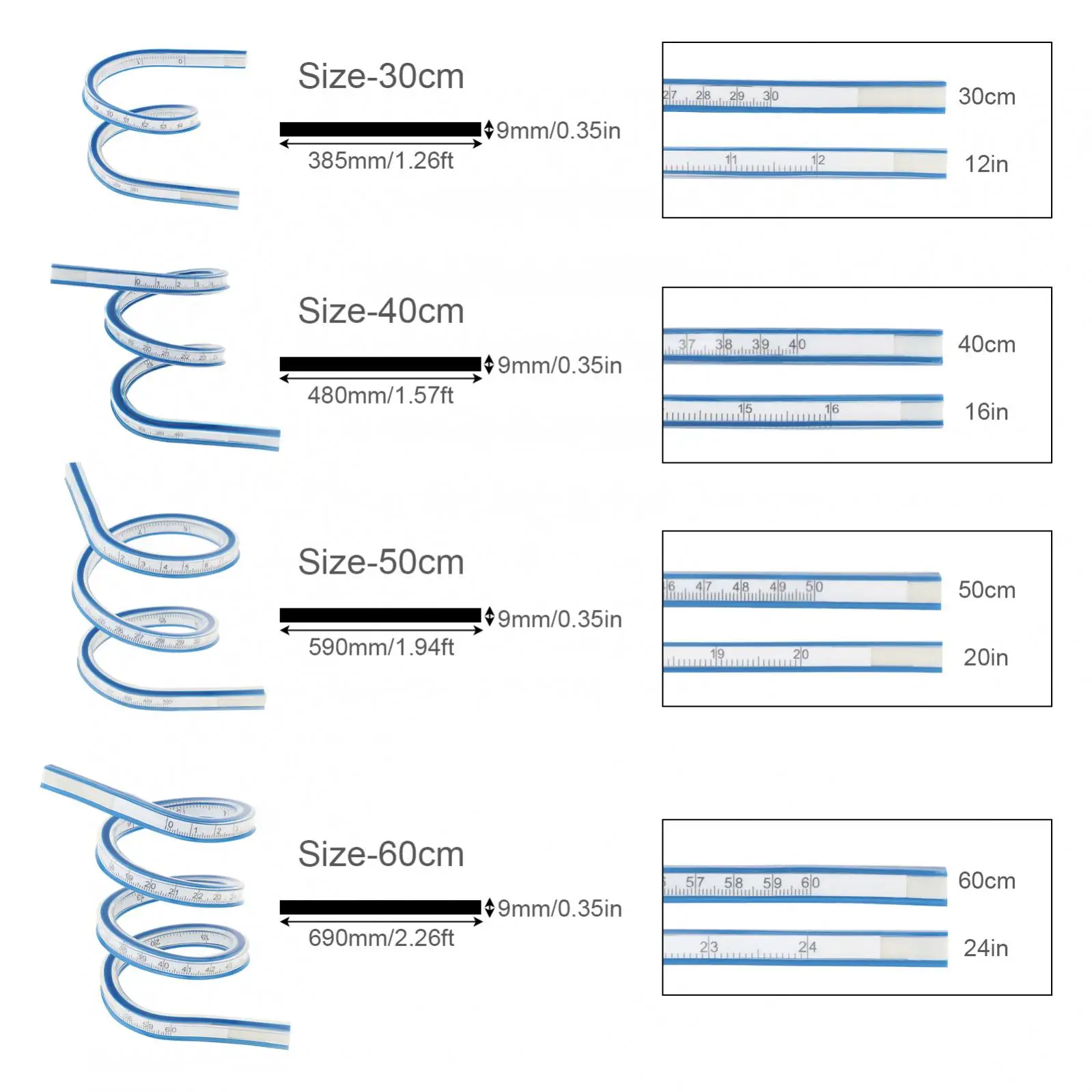 30/40/50/60cm 4 Sizes Optional Imperial and Metric Double Scale Flexible Curved Ruler for Sewing / Drawing /Engineering Drawing