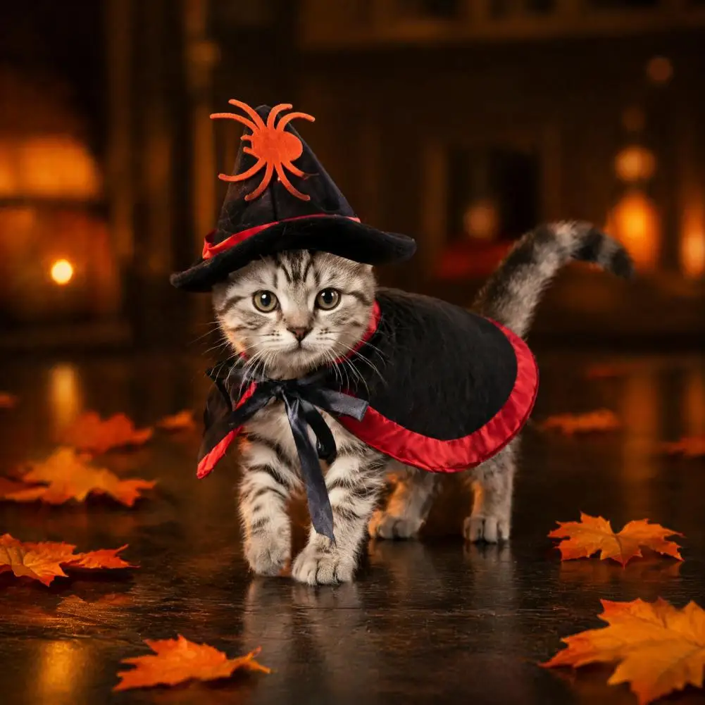Cat Costume Halloween Cat Witch Costume Set Black Moon Star Cloak Pointed Hat Festive Pet Outfit for Small Dogs Cats Smooth