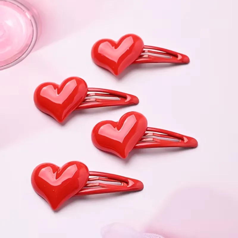 4-teiliges Set Herzförmige Haarspangen aus Kunstharz, Niedliche Y2K-Style Einfarbige BB-Haarklammern für Damen, Valentinstag-Geschenk – Detail 4
