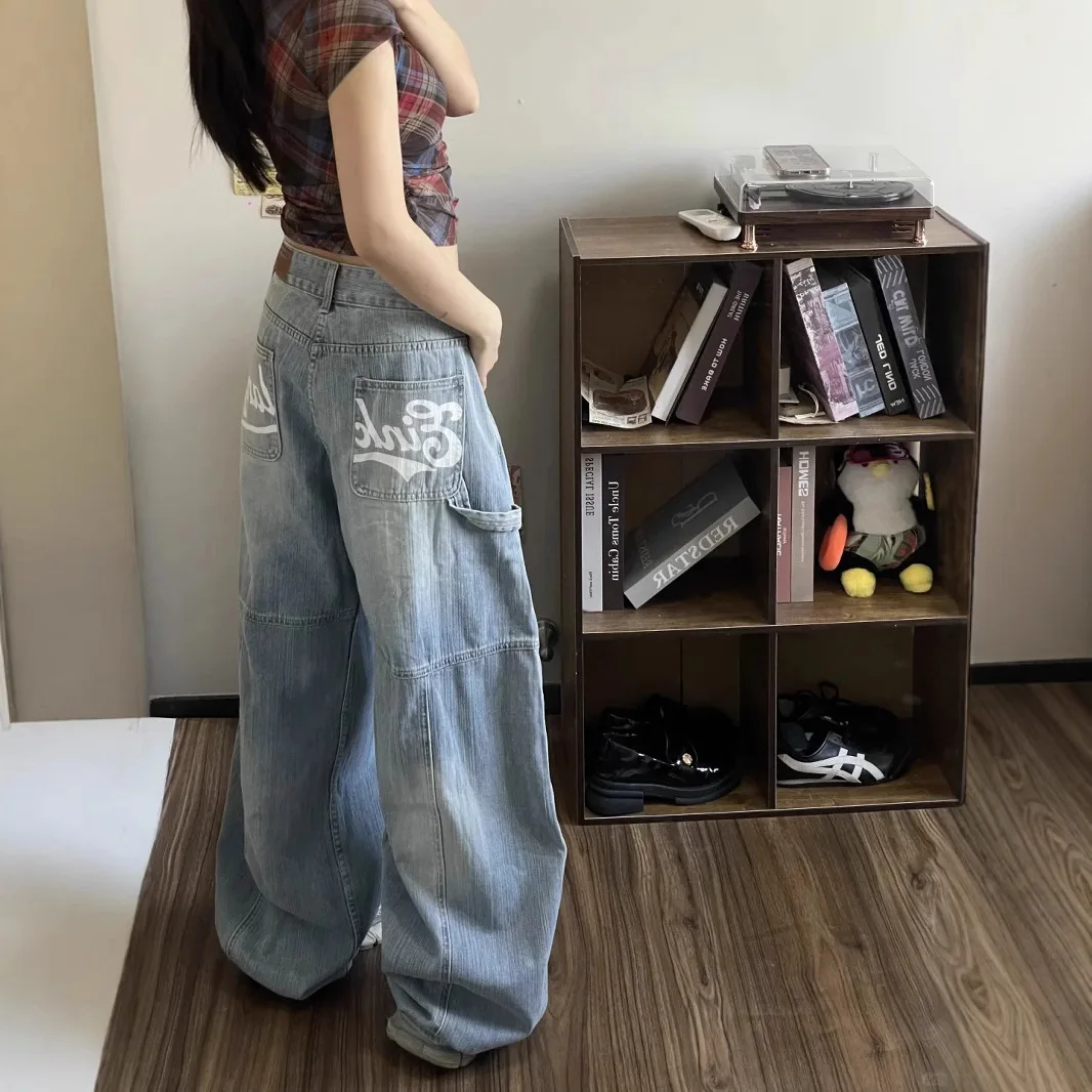 

Джинсы больших размеров в стиле ретро в уличном стиле, национальный тренд, дизайн с буквенным принтом, универсальные прямые повседневные брюки с широкими штанинами