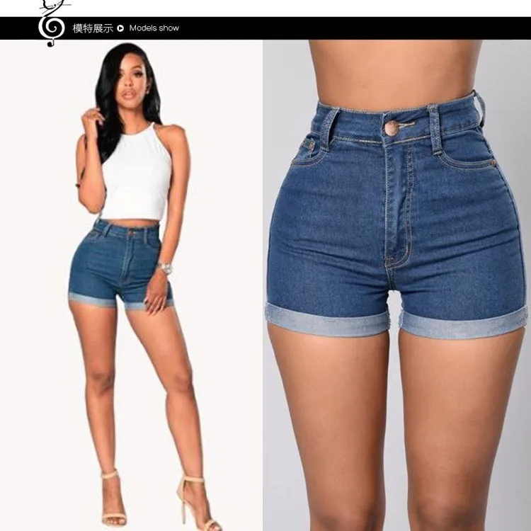 

Sexy Dark Blue Rolled Edge Denim Shorts. New Summer Fashion High-waisted Short Jeans for Women and Casual Simple Hot Girl Pants