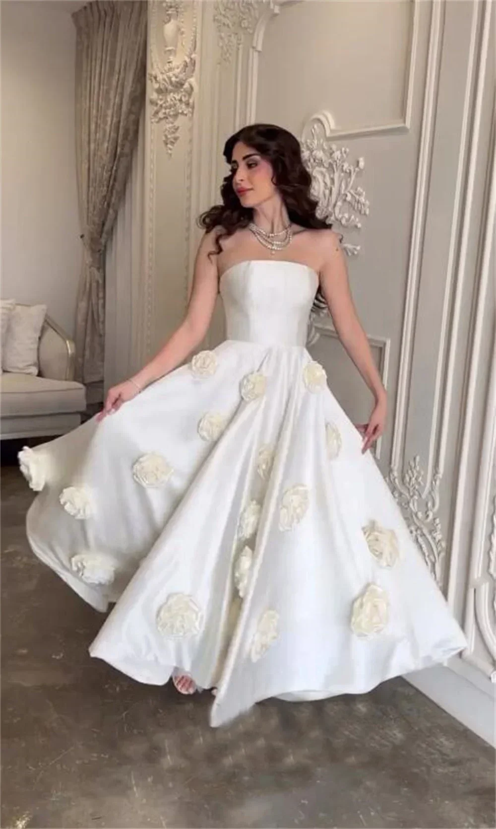 Customized Formal Evening Gown Strapless Ball Floor Length 3D Rose Flower Bespoke Occasion Dresses Prom Dress