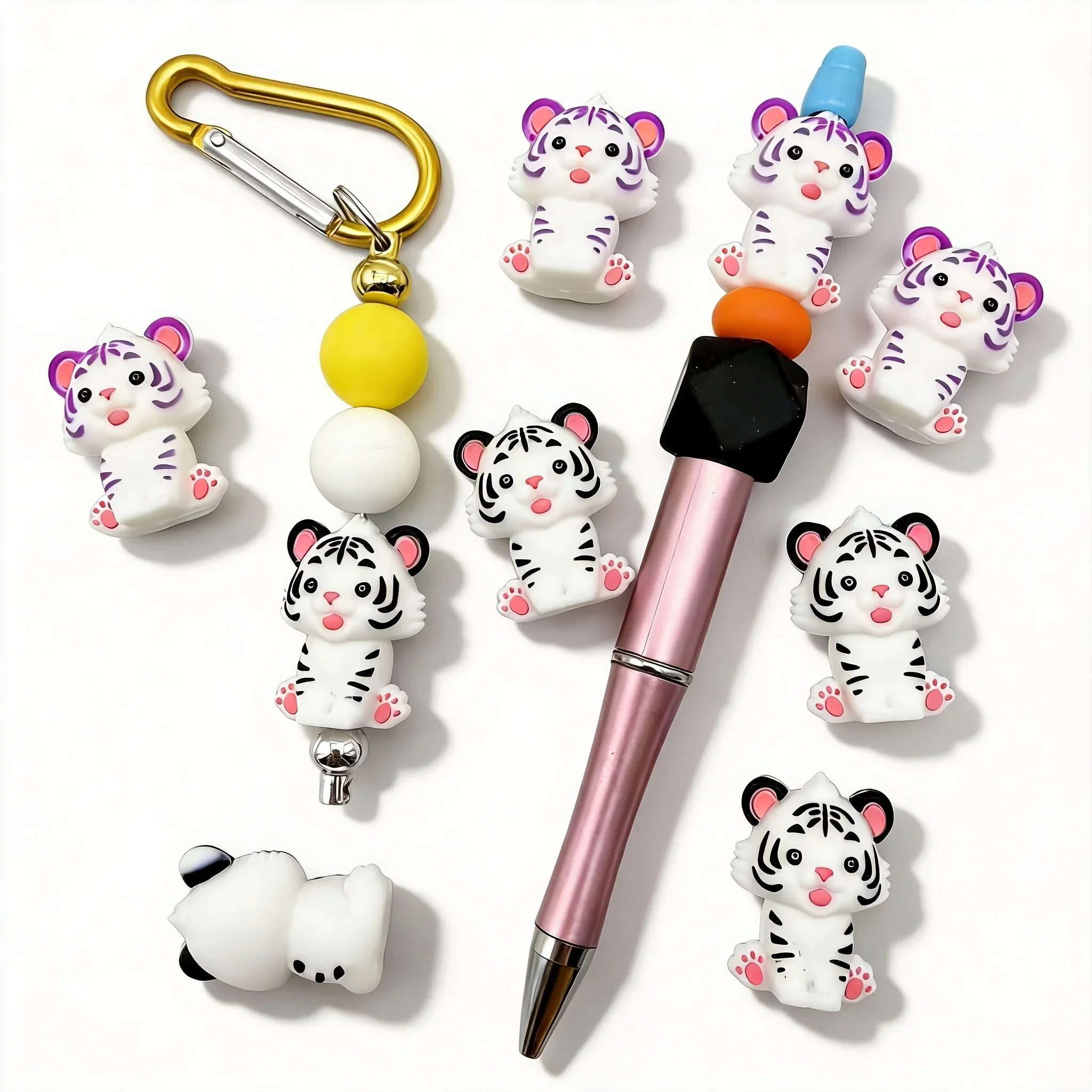6Pcs New 3D Two-tone Tiger Silicone Focus Beads, Black White Purple Pattern, DIY Beads for Beaded Pen Handmade Decor
