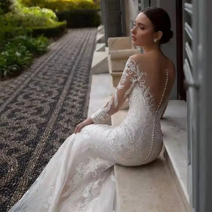 V-Hals Appliqué Kanten Zeemeermin Trouwjurk Lange Mouwen Knoop Illusie Backless Vestido De Novia Bruid Jurken