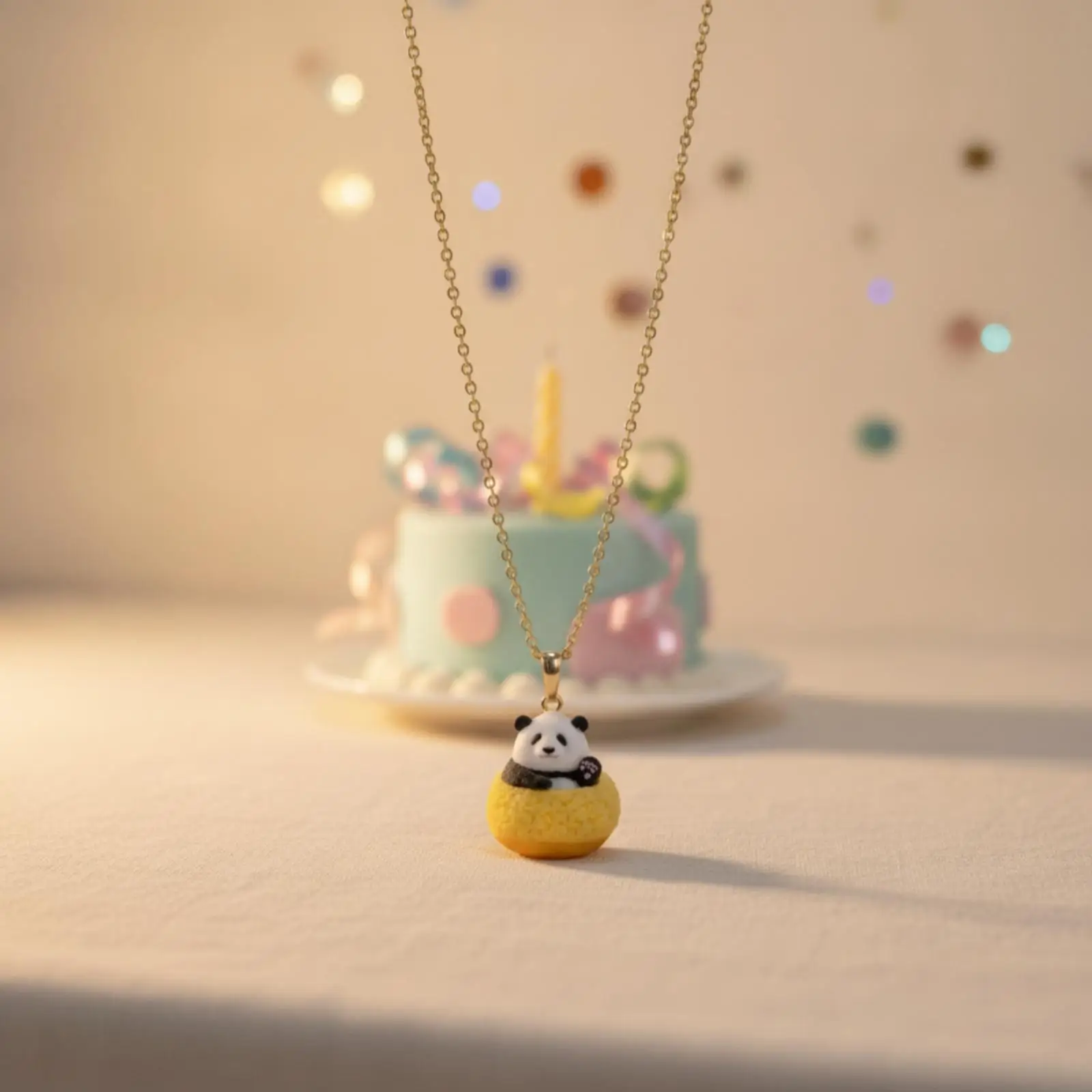 Animal Puff Pendant Necklace Cute Panda Resin Gold Plated Chain Jewelry for Women Gift Box