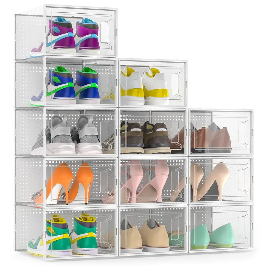 

12 Pack Large Shoe Organizer Storage Boxes for Closet, Modular Space Saving Shoe Boxes Clear Plastic Stackable Snea Customizable