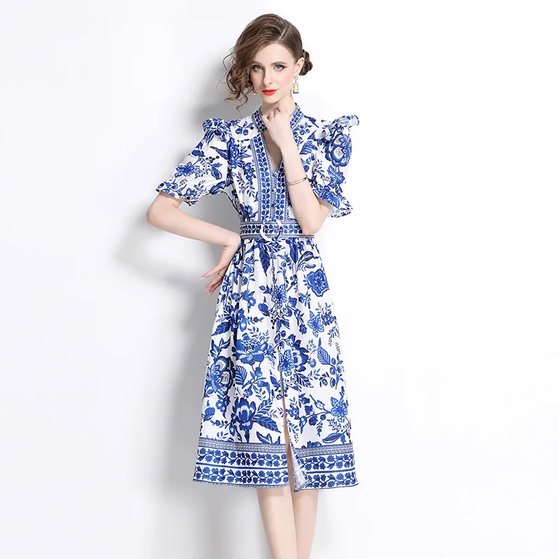 Fashion Summer Holiday Floral Midi Dress Shirt Women Blue Red White Porcelain Print Single Breasted Button Short Sleeve Dresses