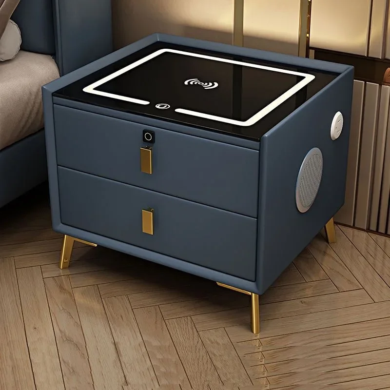 Intelligent light luxury bedside table Bedroom Modern simple solid wood bedside storage cabinet Wireless charging with fingerpri