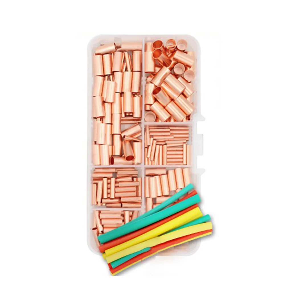 

250 шт. медных соединителей для проводов различных размеров и термоусадочной трубки для безопасных и надежных электрических соединений.