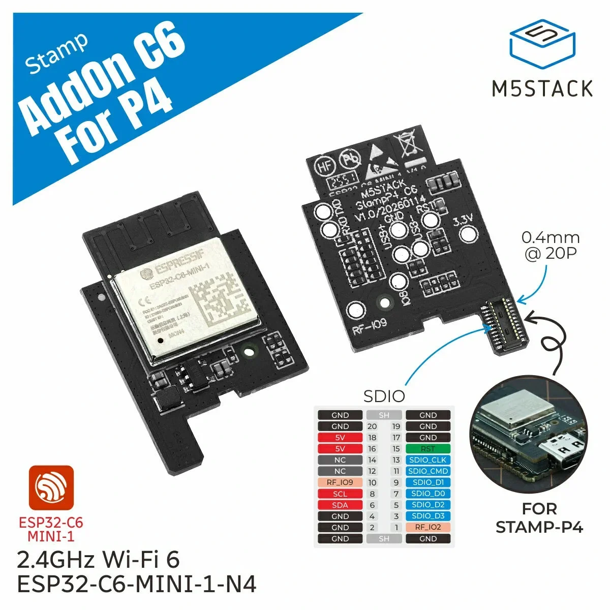 M5Stack Stamp-AddOn C6 for P4 ESP32-C6 WiFi Expansion Module for M5Stamp ESP32-P4 Development
