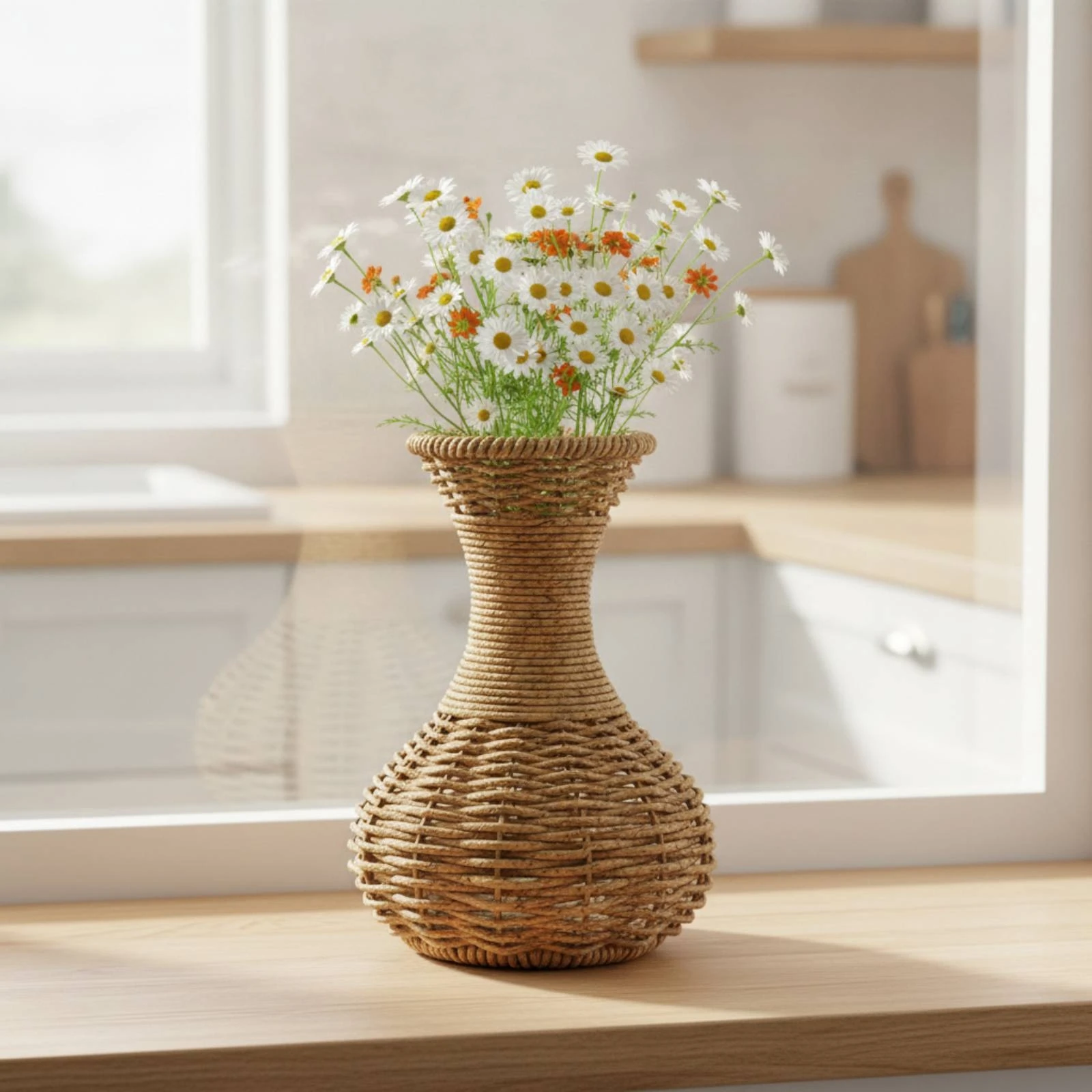 Handgewebte Blumenvase Kompakte Tischvase Schmale Öffnung Rustikales Design Leicht für kleine Beistelltische