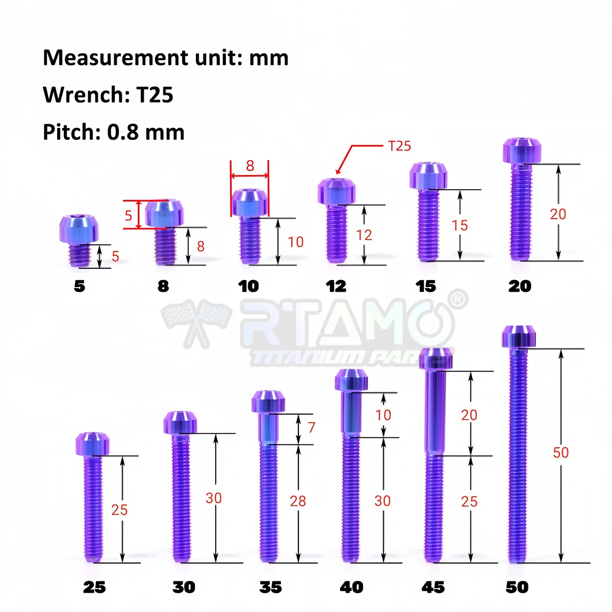 RTAMO M5X5/8/10/12/15/20/25/30/35/40/45/50mm 0.8Pitch Titanium Bolts Bike Motorcycle Screw Torx Head Screws (1PC)
