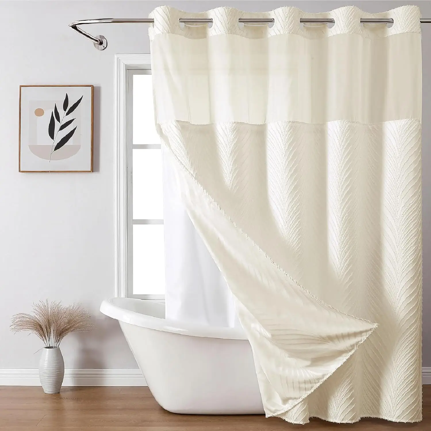 

No Hook Tufted Shower Curtain with Snap-in Liner, Boho Farmhouse Style, See Through Top Window, Bathroom Set
