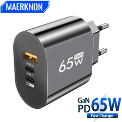 GaN-USB C Carregador de Parede de Carregamento Rápido, 3 Portas, Carregador Rápido, 3.0 Adaptador para Telemóvel, iPhone 15, Xiaomi, Samsung, Portátil, 65W