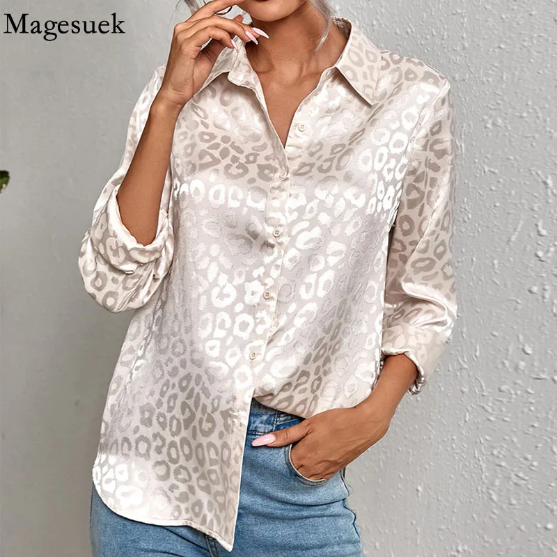 Leopard Print Jacquard Blouse Women Elegant Office Lady Long Sleeve Turn Down Collar Button Shirt 2022 Spring Autumn Tops 19169