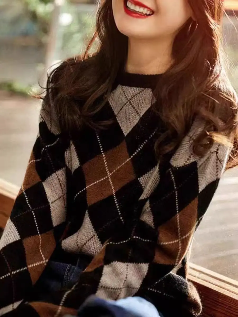 Otoño Invierno cuello redondo enrejado prismático Vintage suéter señoras suelto Casual todo-fósforo pulóver jerseys mujeres Top de fondo