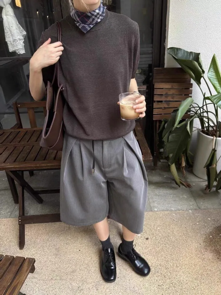 Summer Women's Commuting Style Shorts A-line Pants Young Girls 90s Fashion Knee Length Trousers Female Wide Leg Streetwear