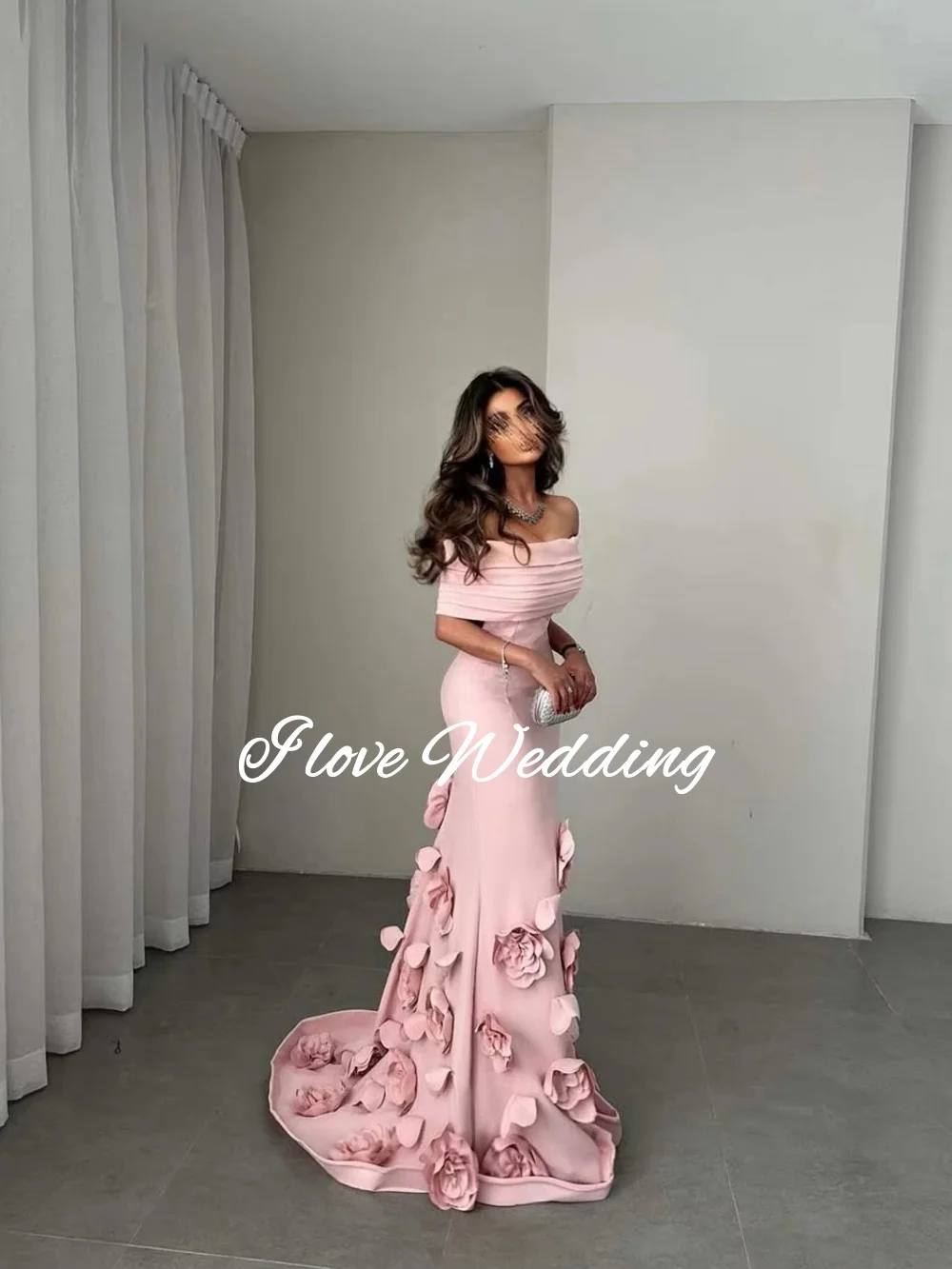 Rosa Krepp Abendkleid 3D Blumen Schulterfrei Meerjungfrau Elegantes Abschlussball-Partykleid Saudi-arabisches formelles Abendkleid Maßgeschneidert