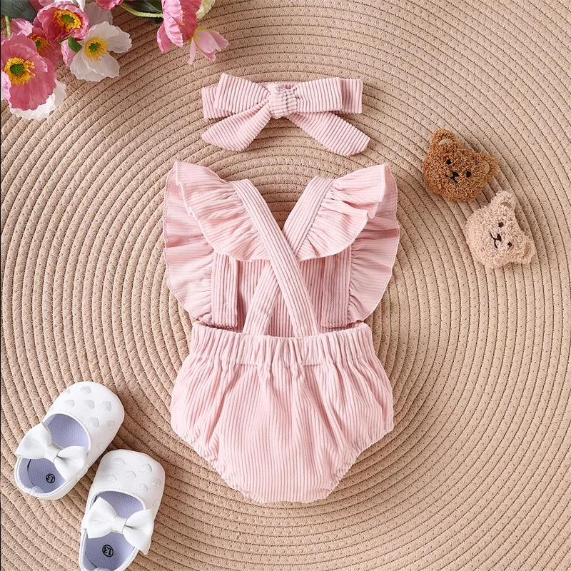 0-18M Newborn Girl Outfit Fly Sleeve Cartoon Bear Heart Romper with Hairband Valentine’s Day Clothes