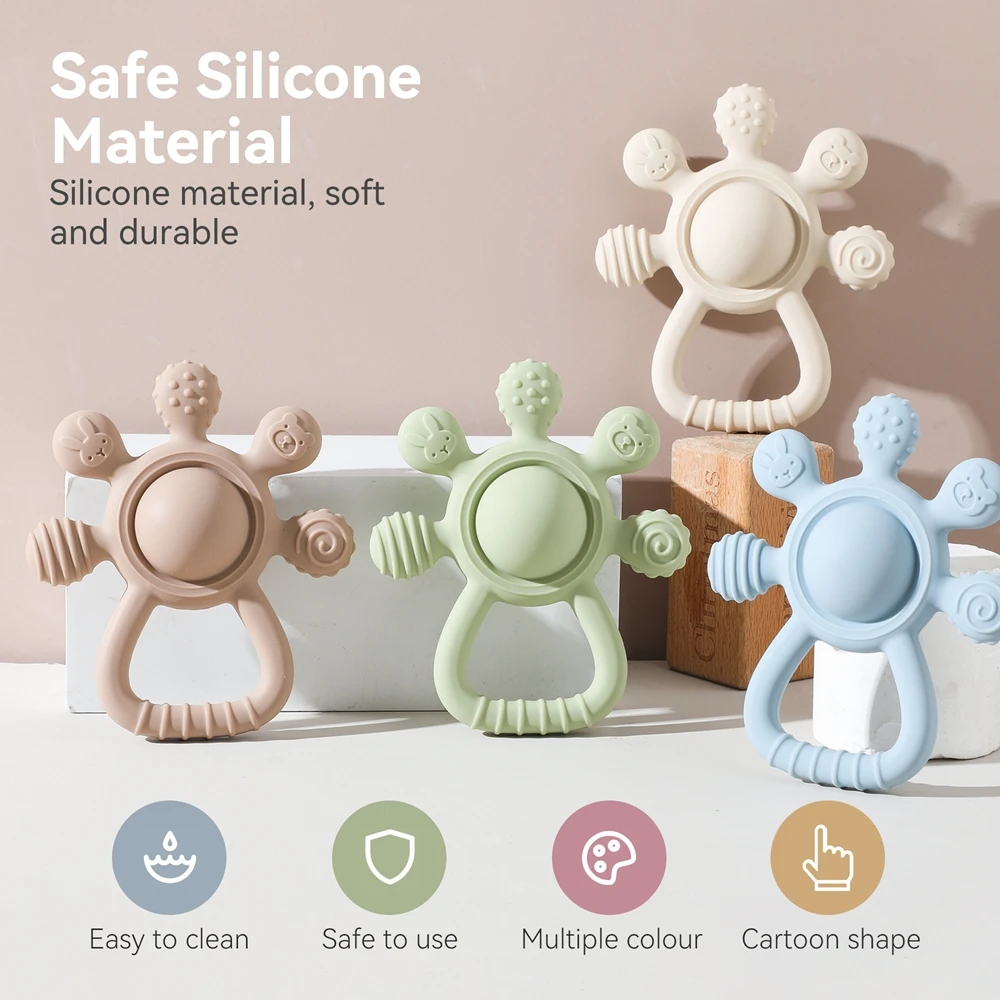 

0-12 Months Food Grade Silicone Teether Baby Teething Rattle Sensory Toy for Toddler BPA Free Silicone Hand Bell Soothing Toy