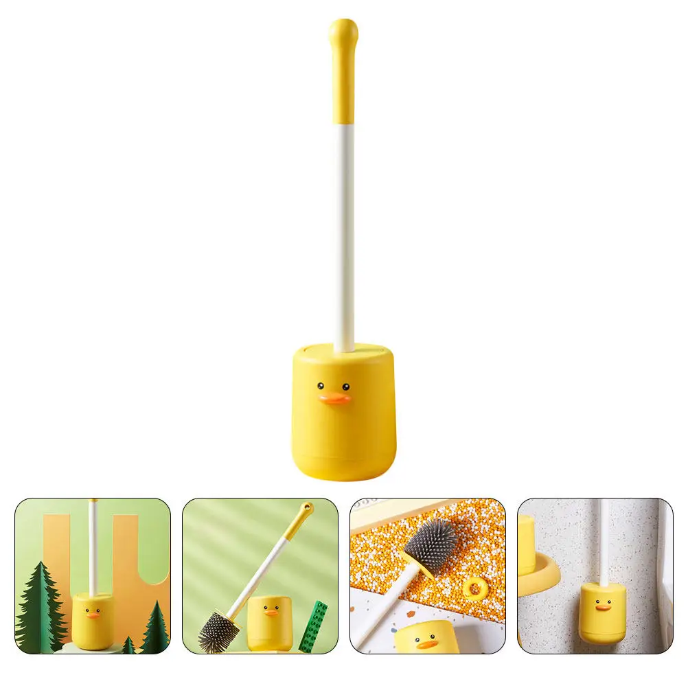 1Set Silicone Duck Toilet Brush Set with Wall Mounted Holder Long Handle Easy Install Space Saving Bathroom Scrubber Toilet Bowl